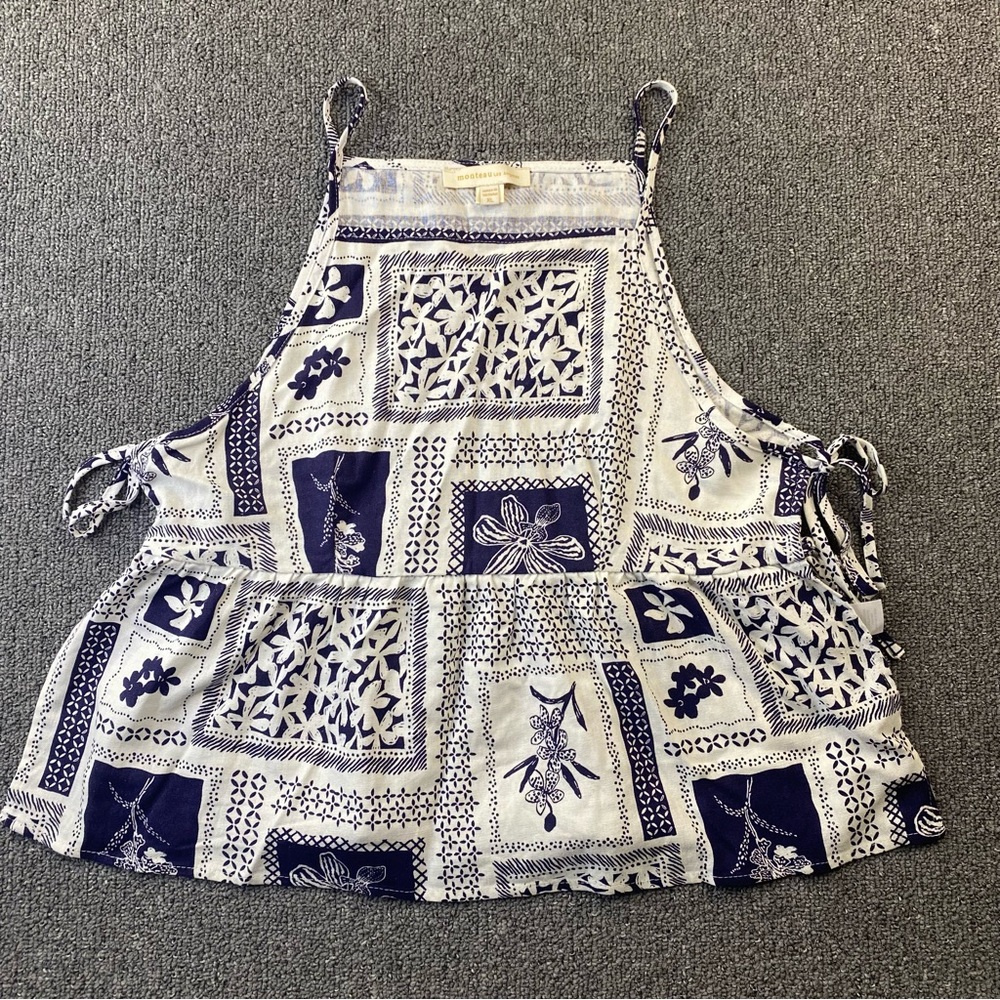 Monteau Navy White Linen Blend Floral Tank Top Patchwork Boho Hippie Women's XL